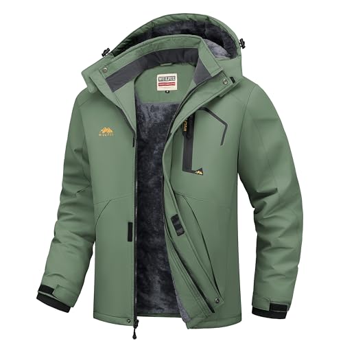 WULFUL Men's Ski Jackets Warm Winter Snow Windbreaker Resistant Snowboard Fleece Coat Mountain Waterproof Parka with Hood Army Green Large