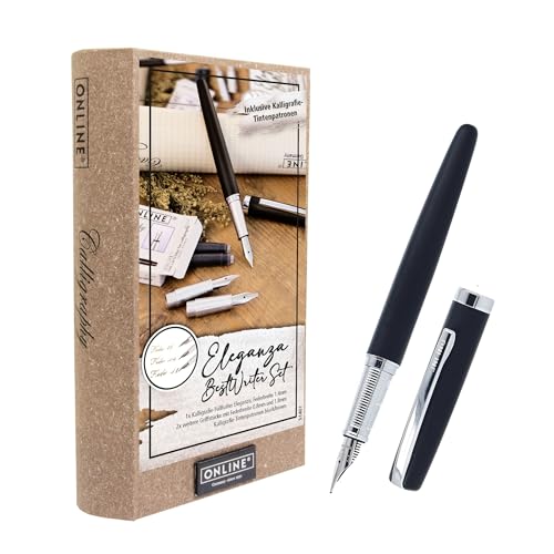 Online Eleganza Kalligrafie Set, Schönschreibfüller mit 3 Federn in den Strichstärken 0,8/1,4/1,8 mm, Kalligrafie Füller Geschenkset, inklusive Tintenpatronen schwarz/braun, Geschenkverpackt