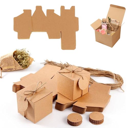 50 Stk Geschenkboxen Kraftpapier Set, Karton Schachteln, Karton Schachteln 7 x 7 x 7 cm, Braun Pappschachteln mit Deckel, Geschenkbox Quadratisch für Geschenke, Geburtstag, Party