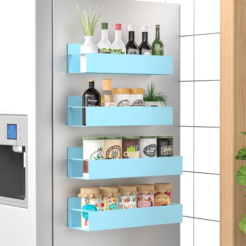 Image of HuggieGems Metal Magnetic Spice Rack for Refrigerator Blue, 4 Pack | Magnetic Shelves Heavy Duty for Fridge in Kitchen, Seasoning Storage Organizer, For Oven Washer and Dryer, For Heavier Items