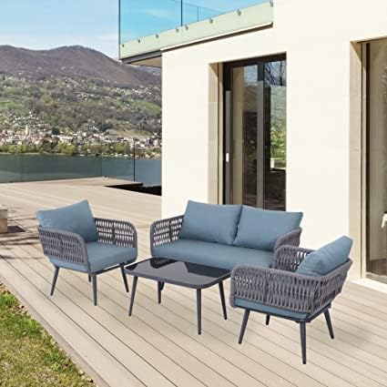 ZIGGSY Outdoor Patio Furniture Set 4-Piece Waterproof Weaving Rope Outdoor Sofa Set with Powder-Coated Iron Conversation Bistro Set for Balcony, Lawn, Garden,Couch, Terrace, Backyard (Grey & Blue)