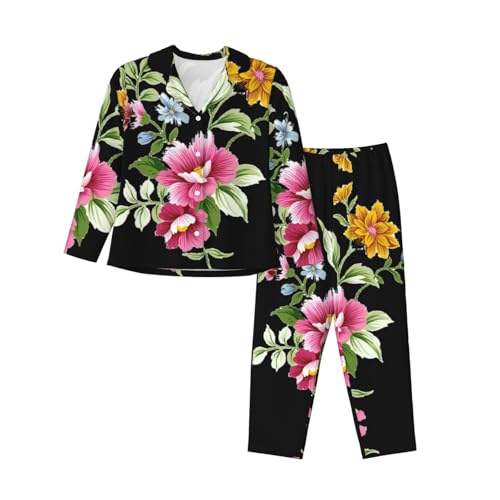 Pyjama floral noir XXL à manches longues et boutons pour nuit confortable
