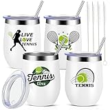 Mifoci 4 Pcs Tennis Tumbler Cups Tennis Lovers Wine Tumbler Gifts 12 oz Insulated Stainless Steel Wine Glass with Straw and Lid Travel Coffee Mug for Women Men Partners Players