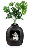 keygarzone Hidden Litter Box with Plant, Cat Litter Box Furniture with Rattan Pattern for Large Cat, Carbon Filter, PP Material Waterproof, Easy Assemble & Clean, Brown