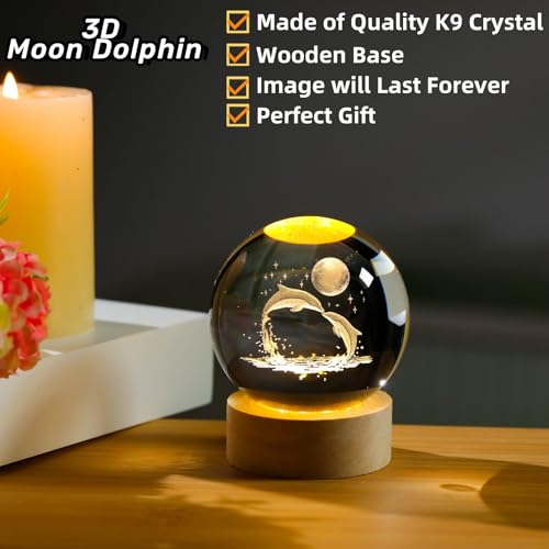 Image of Arikyrist 3D Dolphin Crystal Ball Night Light, Glass Dolphin Lamp with Wooden Base, Laser Engraved Glass Sphere Home Decor