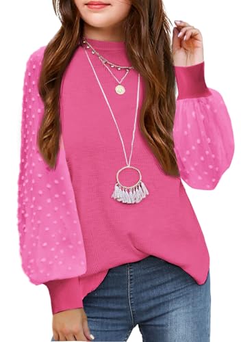 Image of Arshiner Girls Puff Long Sleeve Sweaters Crewneck Lace Polka Dot Casual Knit Tops Pullover Jumper Outwear for Kids
