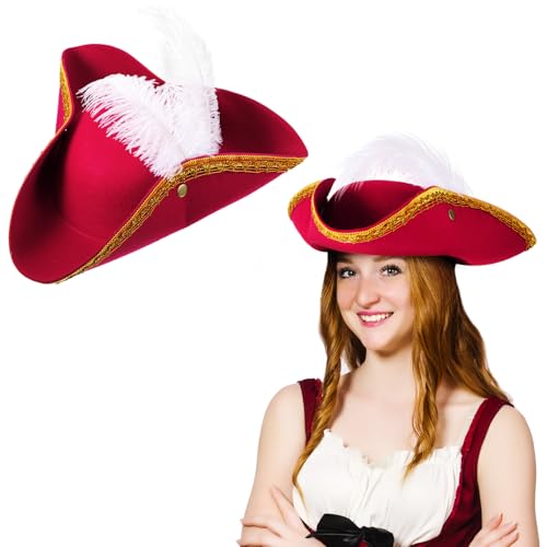 Liitrsh Tricorn Pirate Hat with Feather 15 x 15 x 3.9 Inch Colonial Tricorn Hat Adult Renaissance Festival Costume(Dark Red White)