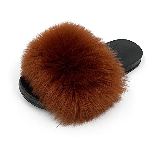 Image of Women's Faux Fur Slides Slippers Fluffy Fuzzy Sandals Open Toe Furry Slide Flip Flop Indoor Outdoor