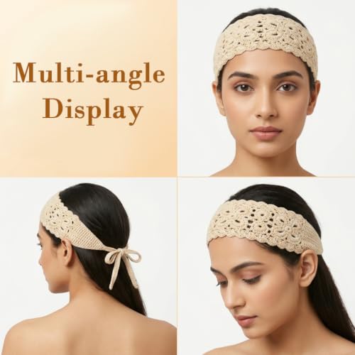 Image of MAYCREATE 3 Pack Crochet Headbands for Women Pretty Boho Knit Floral Hair Wrap with Adjustable Tie Up Design for Daily Wear Traveling and Parties Use