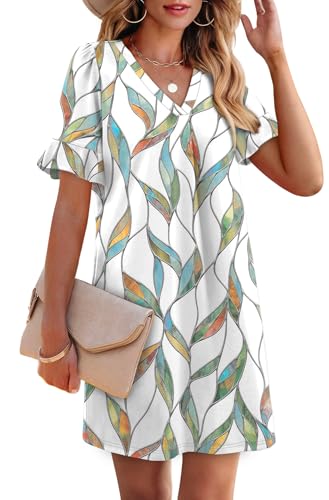 Image of OFEEFAN Summer Dresses for Women Ruffle Short Sleeve V Neck Casual Shift Dress with Pockets