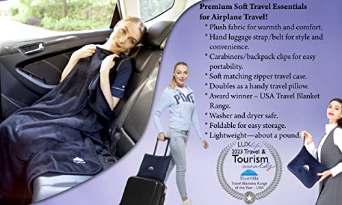 Bluehills Premium Soft Travel Blanket Pillow Airplane Blanket Packed In Soft Bag Pillowcase With Hand Luggage Belt And Backpack Clip, Compact Pack Large Blanket For Any Travel (Navy Blue T002) #TOP1