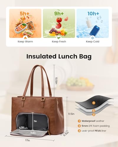 Image of LOVEVOOK Lunch Bag for Women, Leather Work Laptop Tote Bag with Insulated Lunch Compartment&Cup Holder, 15.6 Inch 2 in 1 Lunch Tote for Business, Teacher, Nurse, Office, College, Casual