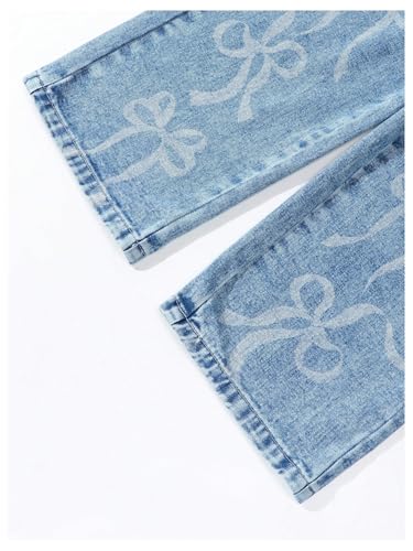 MakeMeChic Girl's Bow Knot Print Straight Leg Loose Fit Zip Fly Cute Jeans Denim Pants4