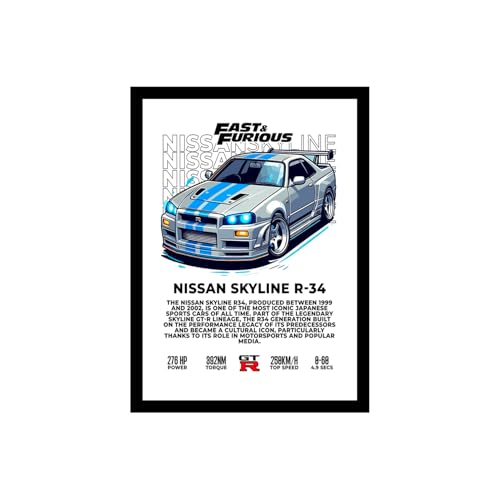 Image of BLINKART Nissan Skyline GT-R R34 CarFramed Posters Gift Items Boys Room Wall Decoration Bedroom Office Studio Synthetic Wood Frame & Acrylic Glass Ready to Hang - 12x8 Inch, (A4 Size) - CAR-266