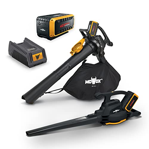 Mowox® EBV 40 Li kraftvoller 40V Akku-Laubbläser mit Boost-, Saug- und Häckselfunktion | 240 km/h Blasgeschwindigkeit | 578 m³/h Saugvolumen | 32 l Fangsack | TÜV, GS, CE (40V - 2,5Ah Batterie) Cover