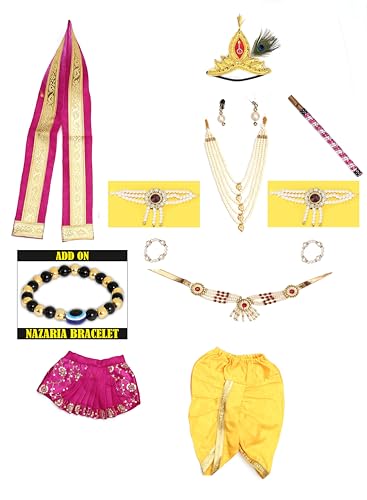 Image of Raj Fancy Dresses Shri Krishna Dress for Baby Boy & Girl, Janmashtmi Dress with Diaper-friendly Dhoti & Dupatta, Mor Pankh Mukut