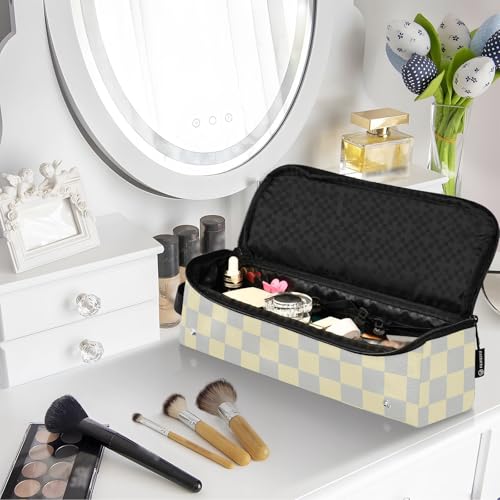 Bolso de viaje para herramientas de cabello con tapete resistente al calor removible, doble capa para planchas y rizadores, color amarillo claro y gris claro ajedrezado miniatura 7