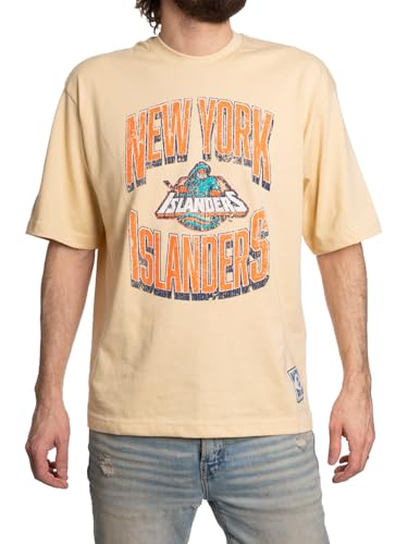 Calhoun NHL Surf & Skate Mens Garment Dyed Vintage Boxy Fit Oversized Soft Retro T-Shirt (New York Islanders, Large)