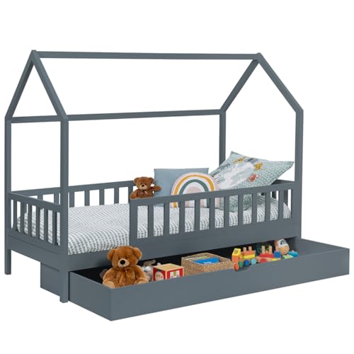 IDMarket - Lit cabane Enfant 80 x 160 CM NEREE Gris avec 1 tiroir gigogne et de Rangement