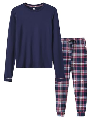 MoFiz Jungen Schlafanzug Lang Pyjama-Set Kinder Weich Niedlich Langarm Shirt und Karierte Schlafanzughose Lang Nachtwäsche Loungewear Hausanzug Set Marineblau Größe XL (DE 164-176)