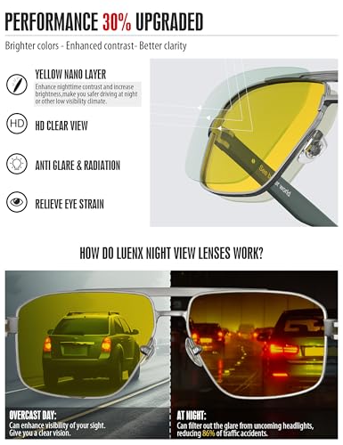 Image of Luenx Aviator Sunglasses Polarized Men Women Square UV400 Driving | Big Head Fit,Polygon Shades,Lightweight,Adjustable Nose Pads,Anti-slip,Impact-resistant,Scratch-Resistant,Gift-Ready Set