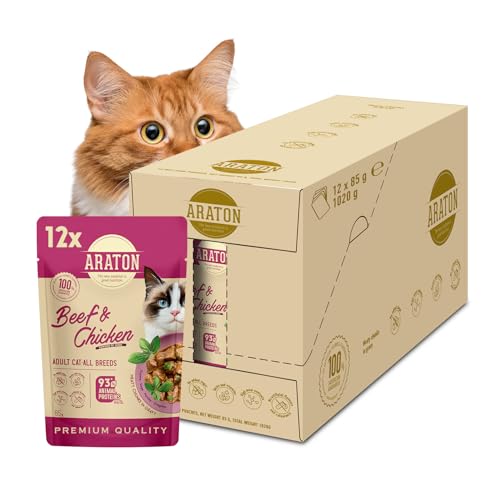 ARATON Comida húmeda para gatos con carne de vacuno y pollo en salsa – pienso completo para gatos sin azúcar, con taurina y hierbas, comida húmeda para gatos de alta calidad para adultos y gatos, 12 x