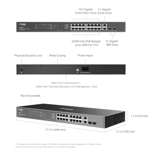Image of TP-Link Omada 16 Port Gigabit Easy Managed PoE Switch, 250W Budget, PoE+ Compliant, Up to 250m Distance, Auto Recovery, VLAN, Loop Prevention, with Fan (ES220GMP)