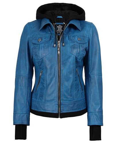 Image of Womens Leather Jacket with Detachable Hood - Real Lambskin Bomber Jacket Thumbholes Women