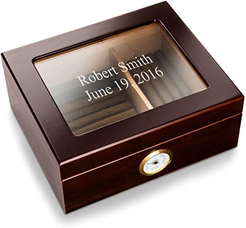 Personalized Humidor Cigar Box with Glass Top and Round Humidifier - 50 Cigars Capacity, Made of Mahogany Wood, Unique Valentines Day Gift for Him, Boyfriend, Dad, Husband (2 Lines Design)