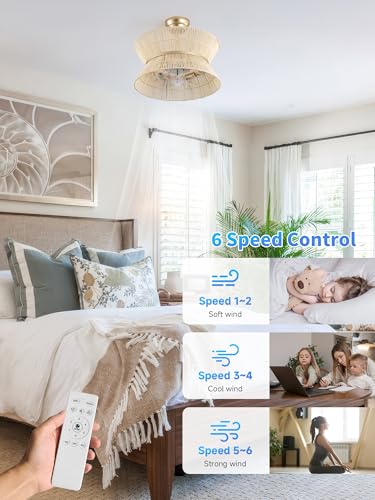 MizWacky 20" Rattan Boho Ceiling Fans with Lights, Caged Fandelier Ceiling Fan with Light Remote Control, Enclosed with 6 Speeds for Bedroom, Nursery, Living Room - Image 2