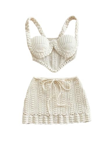 MakeMeChic Womens 2 Piece Sets Crochet Crop Tank Tops Mini Skirt Set Summer Beach Vacation Outifts White Small