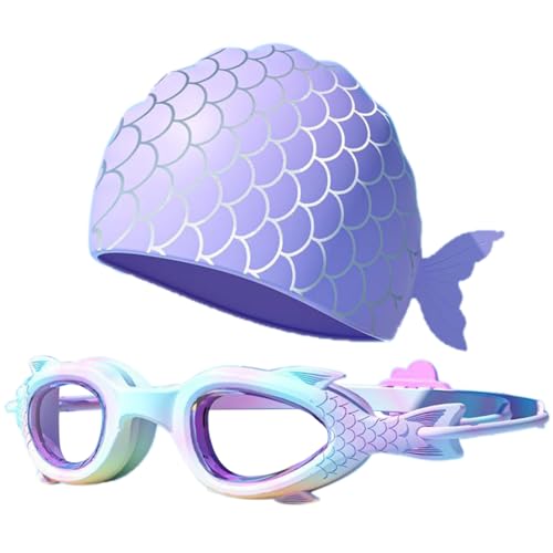 PORUPAEL Juego de gafas de natación y gorra para niños, gafas de natación de sirena, antivaho, sin fugas, gafas de piscina de silicona, accesorios de natación ajustables para niños y niñas de 3 a 12