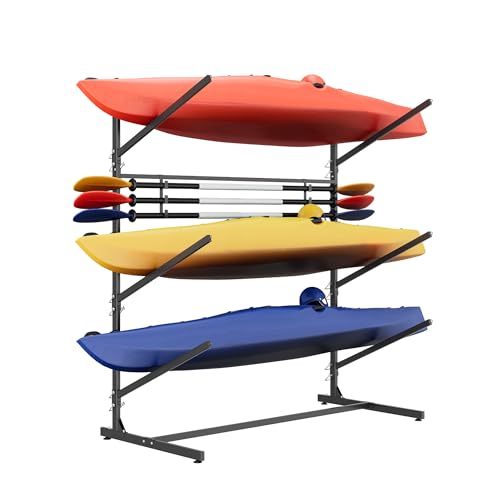 Washsemba 3-Tier Kayak Storage Rack 600LBS Max Load Weatherproof Steel Freestanding Design for Kayaks Paddle Boards Canoes Surfboards Adjustable Height & Paddle Hooks for Garage Backyard Dock