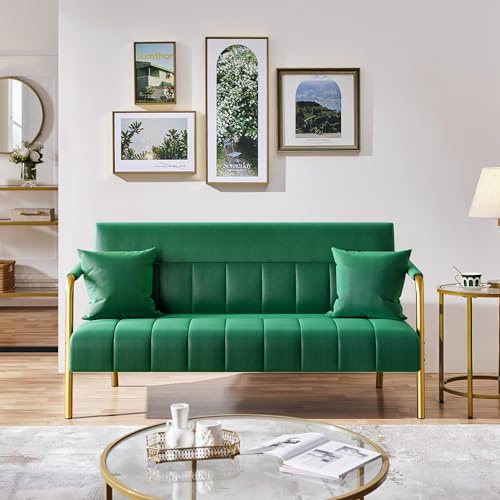 Yaheetech 2 Seater Modern Sofa Velvet Fabric Loveseat with Gold-tone Metal Arms and Legs for Bedroom, Home Office, Studio, Living Room Furniture Green - Image 5