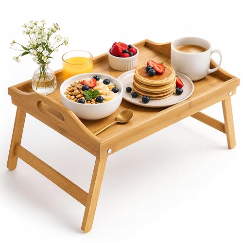 ADEPTNA Bamboo Bed Tray Table with Folding Legs Foldable Breakfast in Bed Tray Portable Laptop Table Serving Tray with Handles Wooden Lap Desk for Eating Reading & Drawing (40 x 32 x 18 cm)