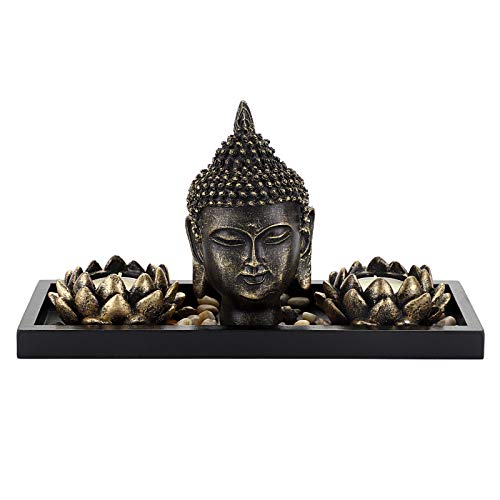 Ownmy Buddha Head Sculpture Statue With 2 Lotus Tealight Candle Holders 1 Wooden Display Tray Decor Stones, Buddha Meditation Votive Candle Holder Candle Stands For Home Decor Table Zen Garden Decor #TOP3
