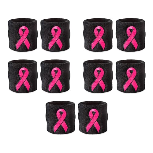 Suddora Pink Ribbon Wristbands - Bulk Breast Cancer Awareness Sweatbands (10-Pack) (5 Pairs) (Black)