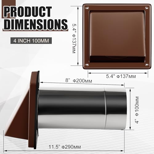 Image of Gisafai 4 inch Dryer Vent Cover Outside with Stainless Steel Screen Wall Dryer Exhaust Cap and Removable Extended Pipe Vent Shroud Hood Cushioned Non Return Flap with Sealing Gasket Grille (Brown)