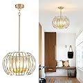SGLfarmty Gold Crystal Chandeliers 4-Lights Metal Cage Pendant Light Modern Brass Flush Mount Ceiling Hanging Lamps Adjustable Farmhouse Light Fixture for Dining Room Kitchen Island Hallway