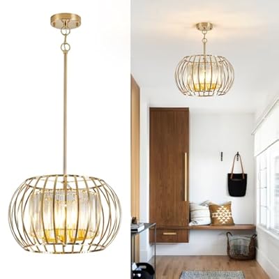 SGLfarmty Gold Crystal Chandeliers 4-Lights Metal Cage Pendant Light Modern Brass Flush Mount Ceiling Hanging Lamps Adjustable Farmhouse Light Fixture for Dining Room Kitchen Island Hallway