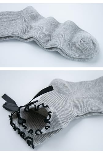 Image of Womens Bow Socks Ruffle Casual Crew Black Whitte Soft Breathable Cotton 4 Pairs Socks