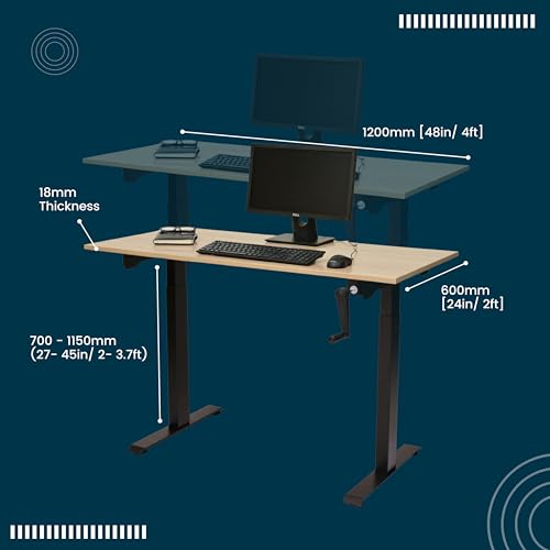 Image of Manual Height Adjustable Non-Electric Sit-Stand Workstation Smooth Hand Crank Lift System Sturdy Stee (Black Frame | Highland Pine, 120X 60 cm | 4x2ft | 48x24 Inches)