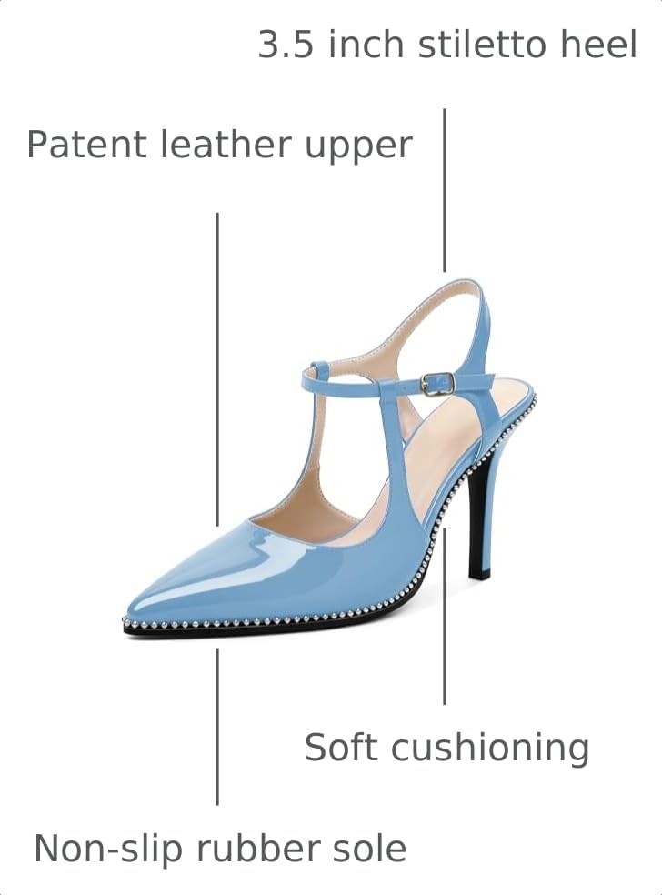 Image of SAMMITOP Womens High Heels Ankle Strap Pointed Toe Stilettos Patent Leather Beaded Pumps Dress Shoes 3.5 Inch