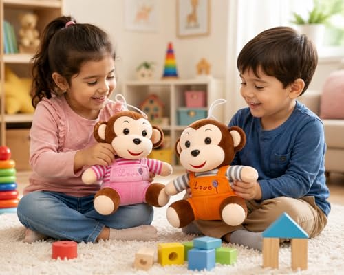Image of 2 Cute Monkey Soft Toy for Kids 18CM | Ultra Soft Plush Stuffed Monkey Teddy Bear | Huggable Cartoon Animal Plush Toy for Boys & Girls | Washable Gift Toy (Pack of 2)