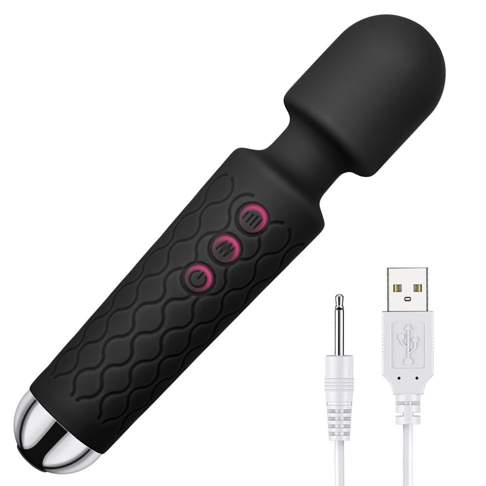 Vibration für Frauen Massagestab Massager Leises&Starkes,Elektrischer Handheld Kabelloses Handmassagegerät Stab-Massager aus Weiches Silikon, 20 Vibrationsmodi& 8 Geschwindigkeiten,Ganzkörper,Schwarz