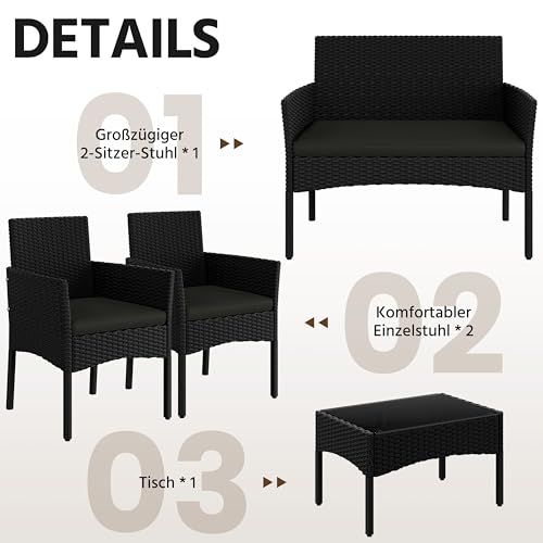 Yaheetech 4-er Gartenmöbel Set Balkonmöbel Set aus Polyrattan Terassenmöbel Außen mit 2er Sofa, 2 Stühle, Tisch & Sitzkissen für Terrasse/Balkon/Garten, Schwarz & Grau