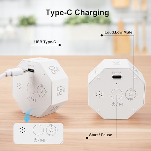 Image of Small Rechargeable Pomodoro Timer, Gravity Sensor Auto-Rotating 7 Preset Times (1 /3 /5 /15 /30 /60 /90 min) & Count Up Mode, Digital Kitchen Timers for Cooking, Work and Study (Pearl White)