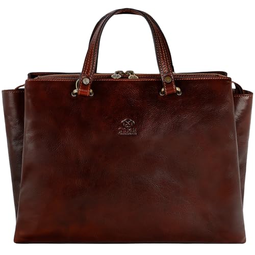 Time Resistance Leather Handbag for Women - Italian Handmade Top Handle Bag - Purse (Brown)