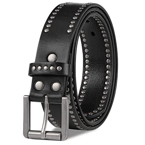 GSG Herren Gürtel aus echtem Leder für Jeans Punk Rock Vintage Retro Kreis Nieten Gürtel mit Metall Bucke M21017, Schwarz , Medium Cover