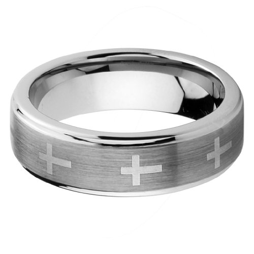 GoldenMine 7mm Brushed Cross Men's Tungsten Comfort-fit Wedding Band Ring (Size 5 to 15)